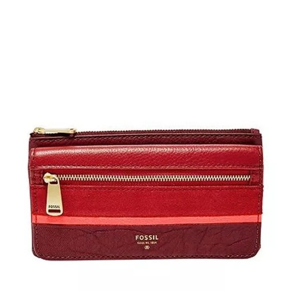 NWT Fossil RFID Preston Zip Clutch Wallet Midnight Crimson - Picture 1 of 9